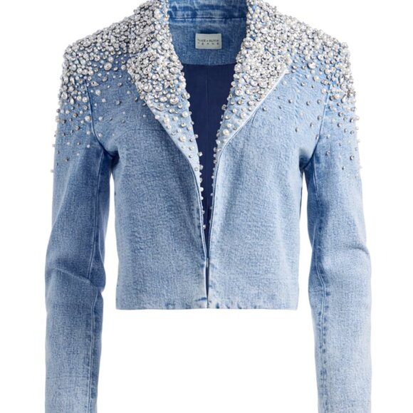 Alice and Olivia Ivan Crystal Embellished Cropped Denim Jacket - Picture 2 of 3